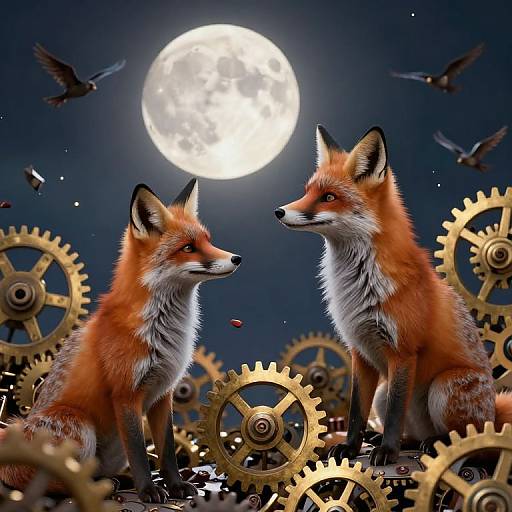 Digital artwork: Two vibrant red foxes with white underbellies sit facing each other amidst gold gears under a full moon, with black birds flying in