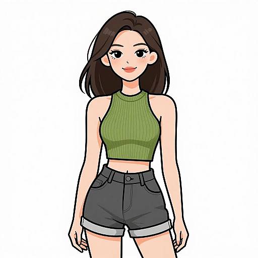 Digital anime-style drawing of a smiling young woman with straight black hair, green sleeveless top, and high-waisted black shorts.