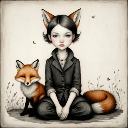 Girl with Fox Ears Sitting Beside Fox
