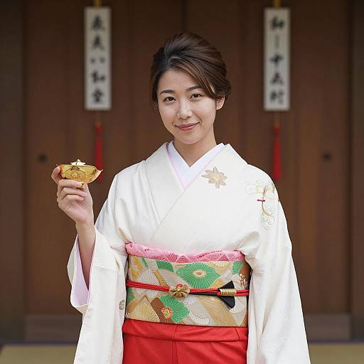 Japanese Woman in Traditional Kimono Holding Golden Object