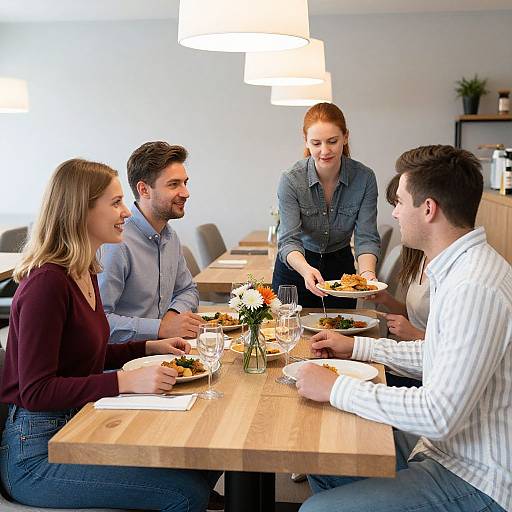 Photograph of four smiling friends, three seated and one standing, sharing a meal at a wooden table in a bright, modern café.
