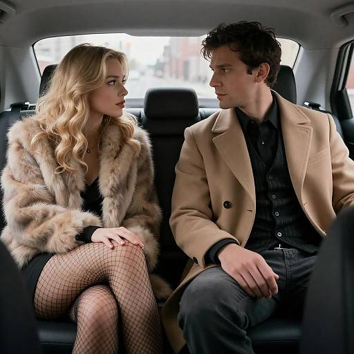 Stylish Couple Sitting in Car Interior