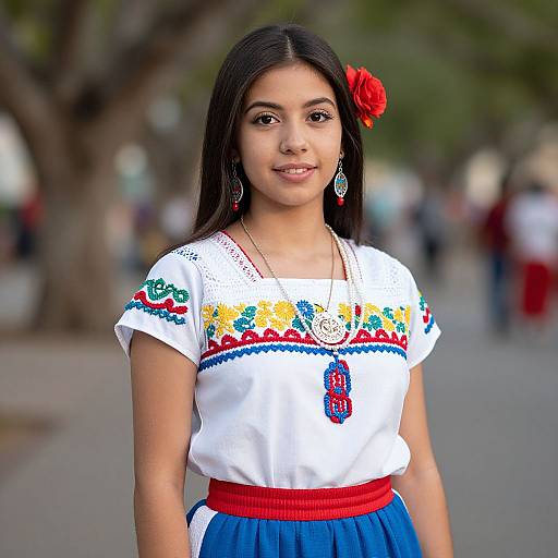 Photograph of a young Latina woman with long black hair, red flower in hair, white embroidered blouse, blue skirt, red belt, standing outdoors with