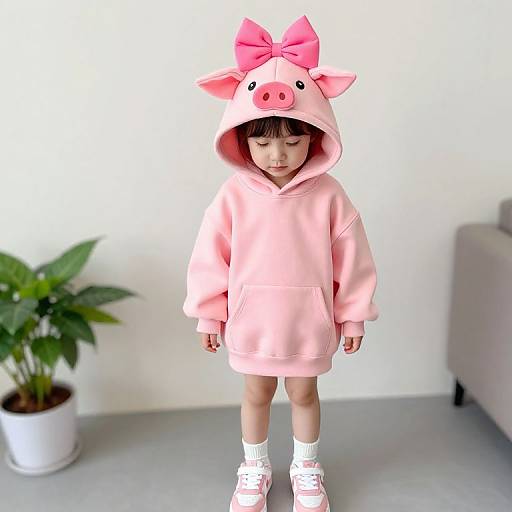 Young Girl in Pink Pig Hoodie