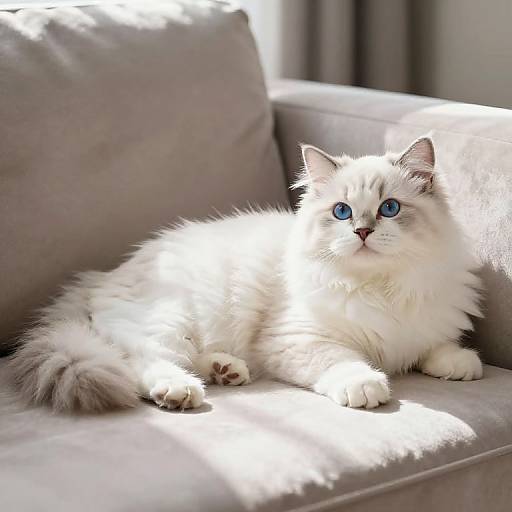Photograph of a fluffy white cat with bright blue eyes lounging on a grey couch, bathed in sunlight, showcasing its soft fur and relaxed posture