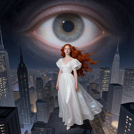 Digital art: Red-haired woman in flowing white dress, floating above cityscape, with giant, glowing eye in dark, night sky background.