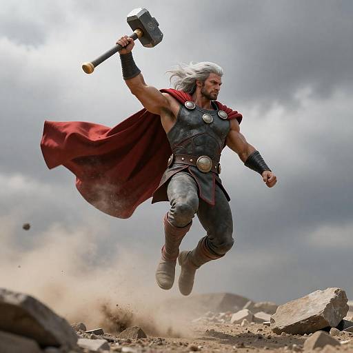 Warrior with Hammer in Mid-Leap