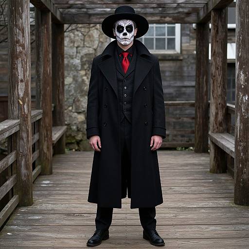 Photograph of a man in a black long coat, black hat, and red tie, wearing a white skull mask, standing on a wooden bridge with