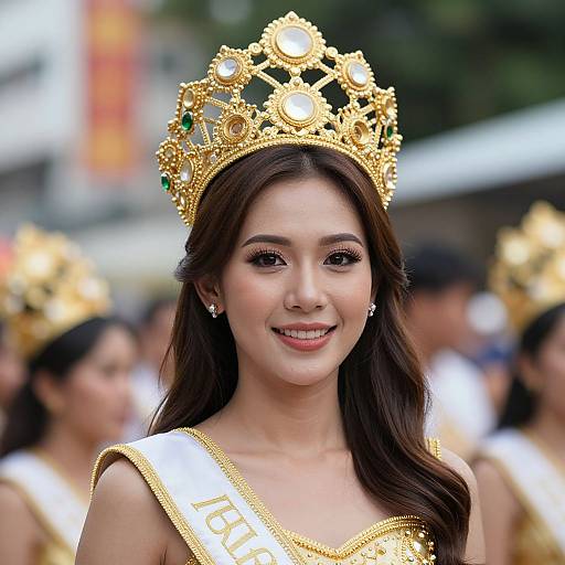 Photograph of an Asian woman with long dark hair, wearing a golden crown, white sash with gold accents, smiling in a crowd.