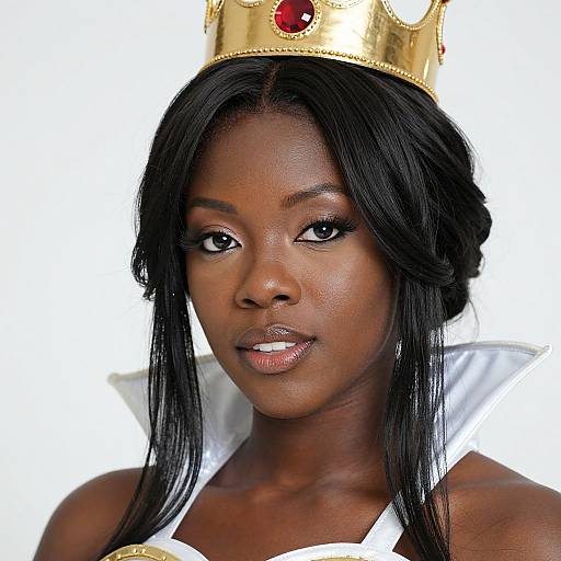 Photograph of a dark-skinned woman with long black hair, wearing a gold crown with a red gem, and a white ruffled collar, looking