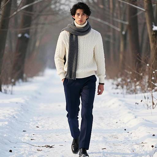 Photograph of a young man with curly black hair, wearing a white knit sweater, dark pants, and a gray scarf, walking down a snowy forest