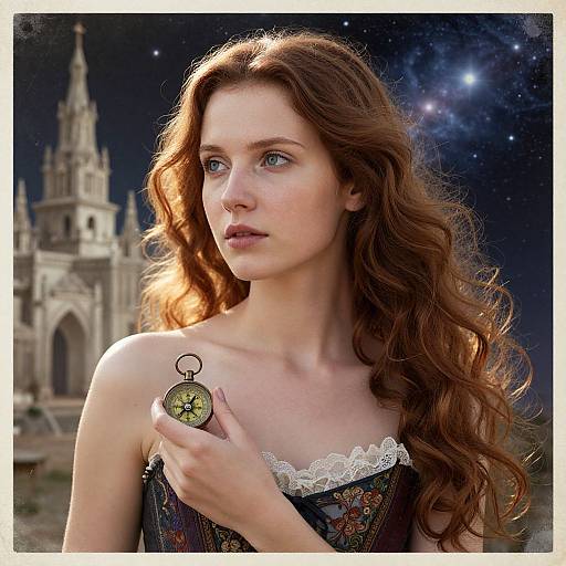 Photograph-style digital art of a fair-skinned, red-haired woman with blue eyes, holding a vintage compass, wearing a lace-trimmed dress