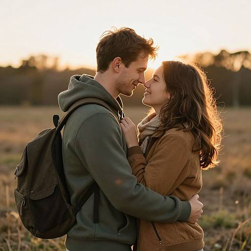 Photograph of a smiling couple in a field at sunset, the man in a green hoodie and backpack, the woman in a brown jacket and scarf,