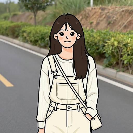 Digital cartoon of an Asian woman with long black hair, wearing white overalls and a white shirt, standing on a suburban street.