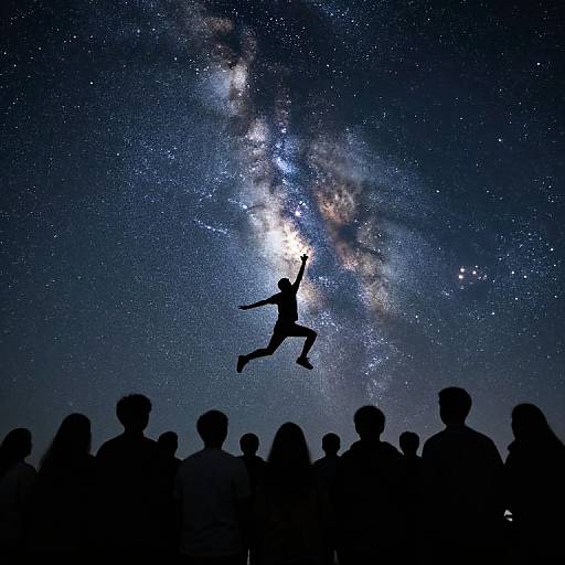 Silhouetted person jumping with raised arm against a brilliant, star-filled Milky Way galaxy; dark crowd below. Night sky photograph.