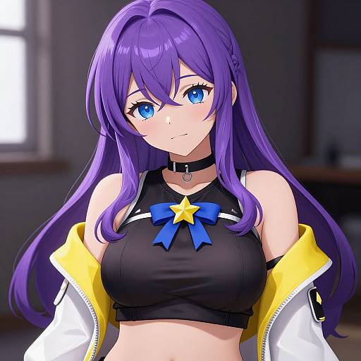 Anime-style digital illustration of a purple-haired girl with blue eyes, wearing a black crop top with a yellow star and blue ribbon, and a yellow and