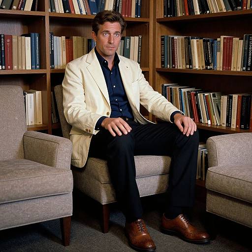 Photograph of a handsome man with short brown hair, wearing a cream blazer, black shirt, and brown shoes, sitting between two beige armch