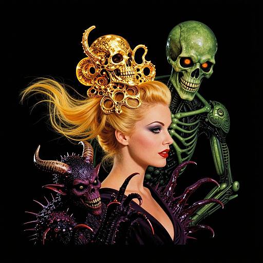 Digital artwork of a blonde woman with a golden skull headdress, red lipstick, and black spiked cloak, accompanied by a green, glowing-eyed skeleton and