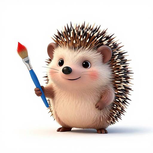 Cute digital cartoon hedgehog with white and brown fur, black eyes, and a smile, holding a paintbrush with red paint. White background.