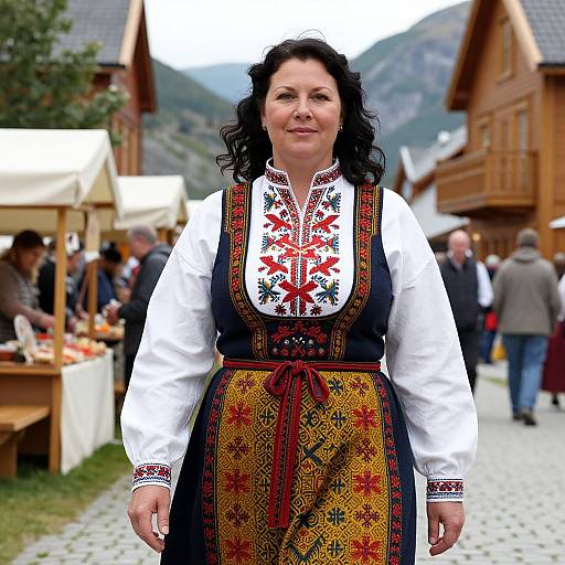 Photograph of a middle-aged woman with curly black hair, wearing a traditional white blouse and black dress with intricate red and gold embroidery, standing in a