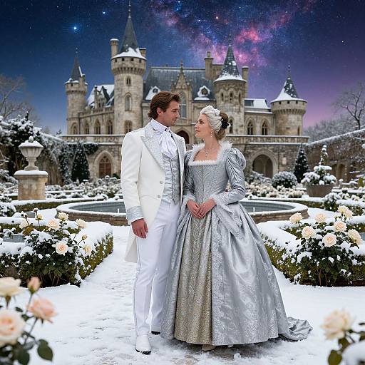 Photograph of a snow-covered castle garden at night. A bearded man in a white suit and a woman in a silver gown stand hand-in-hand