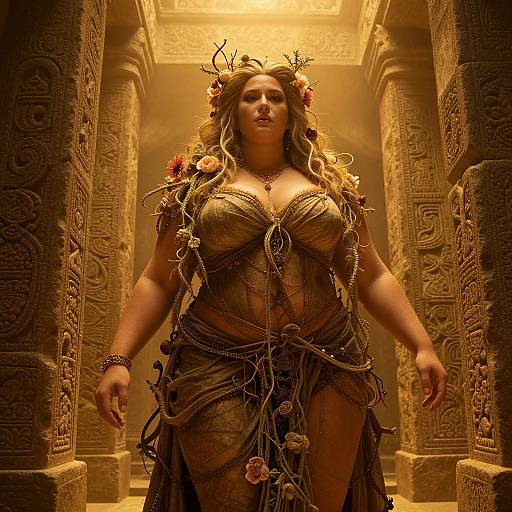 Photograph of a blonde woman with antlers and floral crown, wearing a detailed, sheer, golden gown adorned with vines and flowers, standing in an