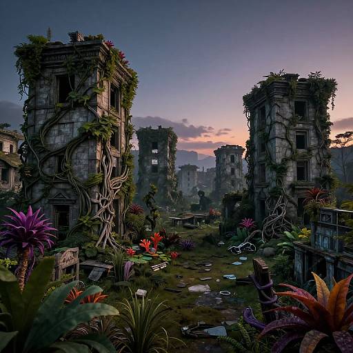Digital fantasy artwork of a ruined, overgrown city at dusk, featuring vines on crumbling stone buildings, vibrant alien plants, and a colorful, twilight sky