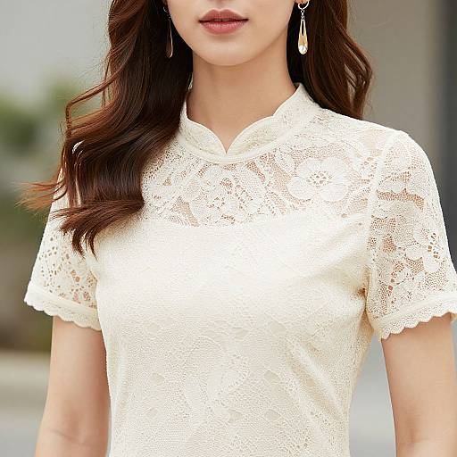 Photograph of an Asian woman with long, wavy brown hair, wearing a white lace short-sleeve top and elegant drop earrings, with blurred