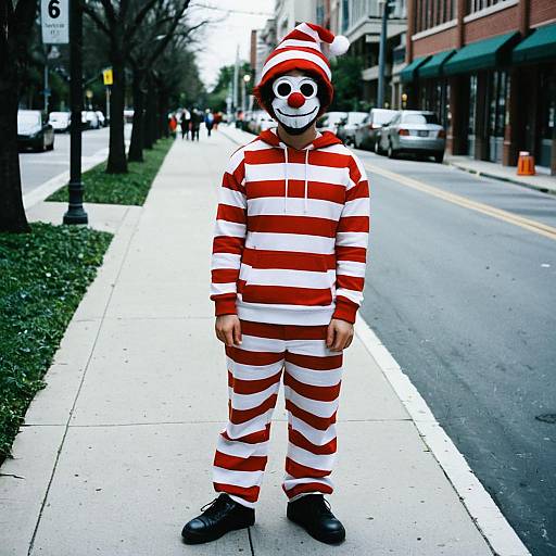 Photograph of a person in a red-and-white striped clown costume with a black mask featuring a white smile, standing on a city sidewalk. Urban background