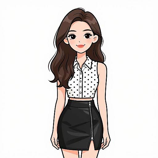 Digital anime-style drawing of a smiling young woman with long brown hair, wearing a white polka-dot sleeveless top and black high-waisted skirt