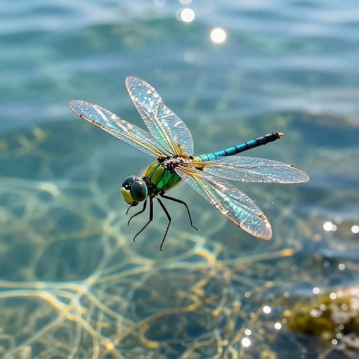 Photograph of a vibrant blue and green damselfly with iridescent wings hovering above clear, sunlit water with sparkling reflections.