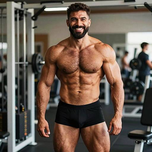 Photograph of a muscular, bearded man with dark hair, smiling, wearing black boxer briefs, in a gym with blurred equipment.