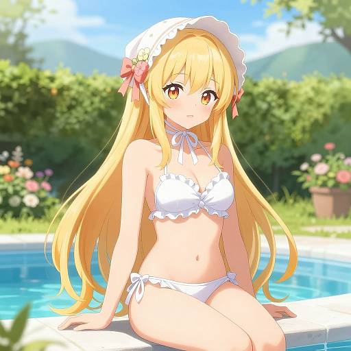 Anime Girl by Pool in White Bikini