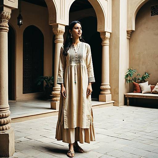 Photograph of a South Asian woman with long black hair, wearing a beige, long-sleeved, embroidered traditional dress, standing in a sunlit