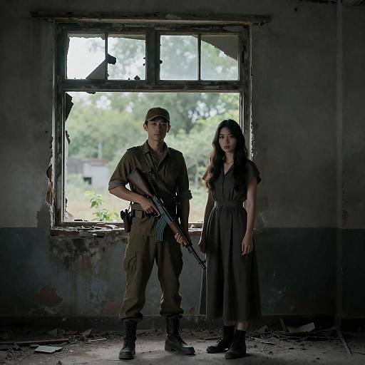Couple in Ruined Building with Rifle
