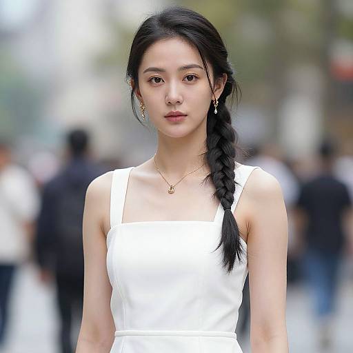 Photograph of an Asian woman with fair skin, black braided hair, wearing a white sleeveless dress, standing in a blurred urban background.