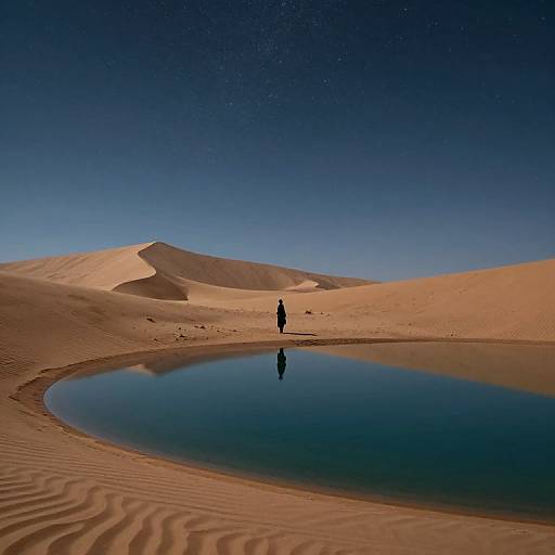 Photograph of a solitary figure walking towards a reflective desert oasis, surrounded by starlit, sandy dunes under a clear blue sky.