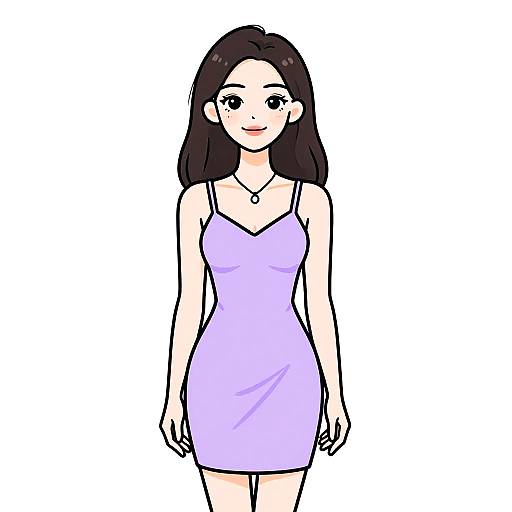 Digital anime-style drawing of a smiling young woman with long black hair, wearing a lilac, sleeveless, form-fitting dress and a necklace,