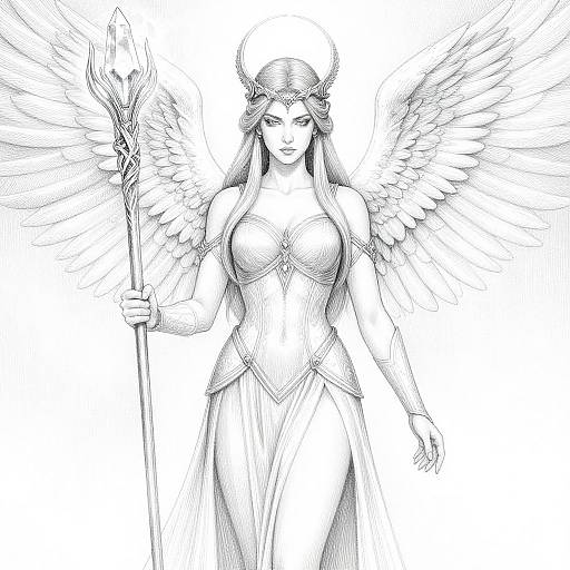 Black-and-white digital sketch of a voluptuous angelic woman with long hair, horns, large wings, and holding a staff, wearing a detailed,