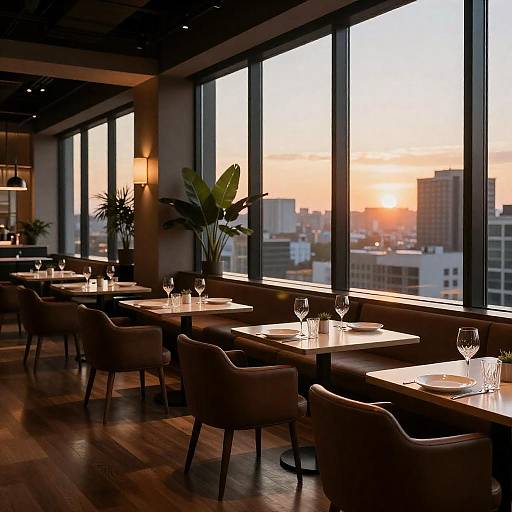 Upscale Cityscape Restaurant at Sunset