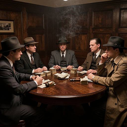 Photograph of six men in 1940s-style suits and hats, smoking cigars around a wooden table in a dimly lit, wooden-paneled