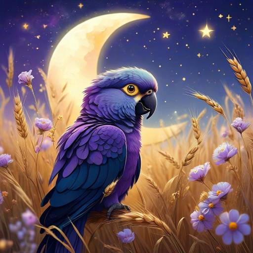 Dreamy Nighttime Parrot in Wheat Field