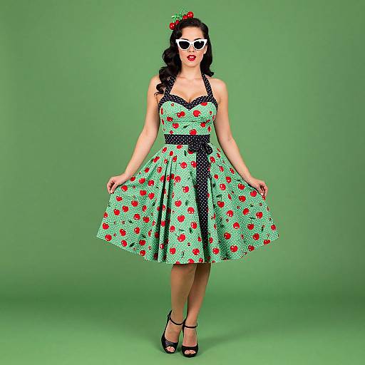 Photograph of a woman in a vintage-style, green cherry-patterned dress with black polka dots, black bow, white cat-eye sunglasses, black