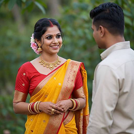 Woman in Vibrant Saree Conversing