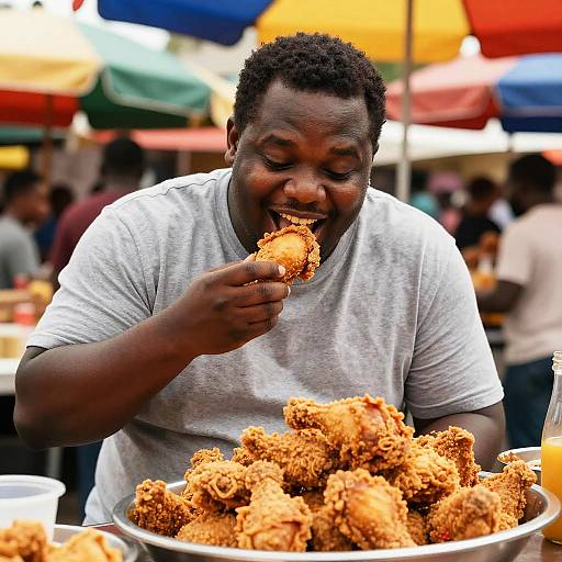 Photograph of a smiling Black man in a gray t-shirt eating fried chicken in a bustling outdoor market with colorful umbrellas.