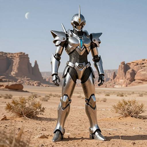 Digital CGI image of a metallic, armored knight with blue accents standing in a desert landscape under a crescent moon.