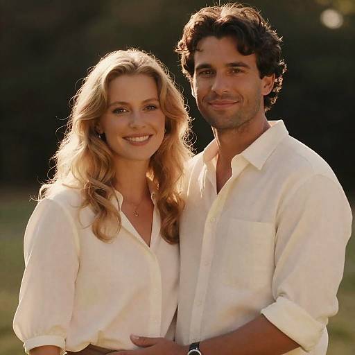 Photograph of a smiling couple with wavy blonde hair and dark curly hair, both wearing white button-down shirts, standing close outdoors in soft sunlight.