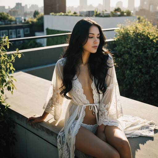 Woman in Lace Robe on Rooftop Garden