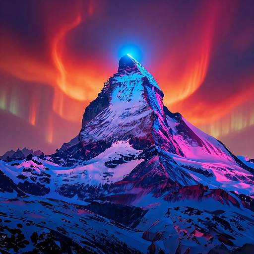 Digital artwork of a snow-capped mountain peak glowing blue at the top, surrounded by vibrant red and orange auroras against a dark sky.