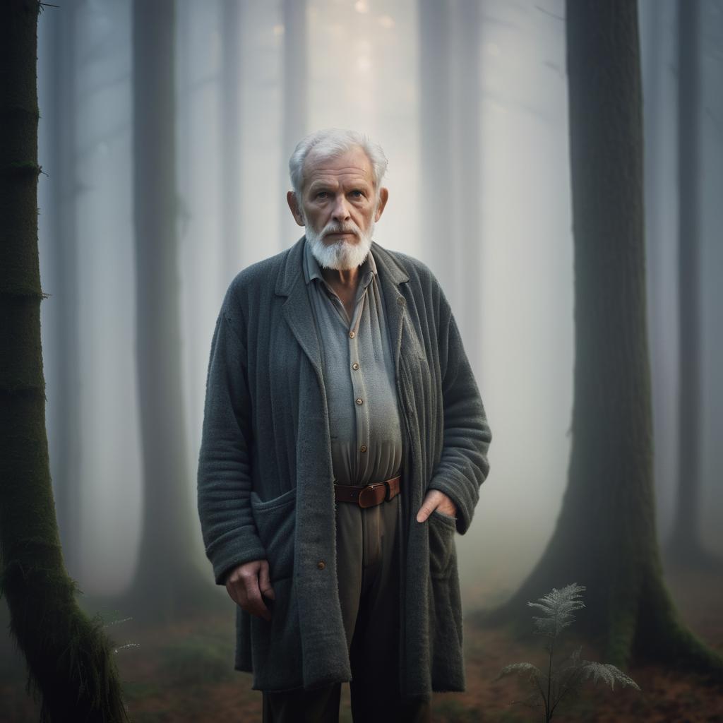 Elderly Man in Ethereal Forest Scene